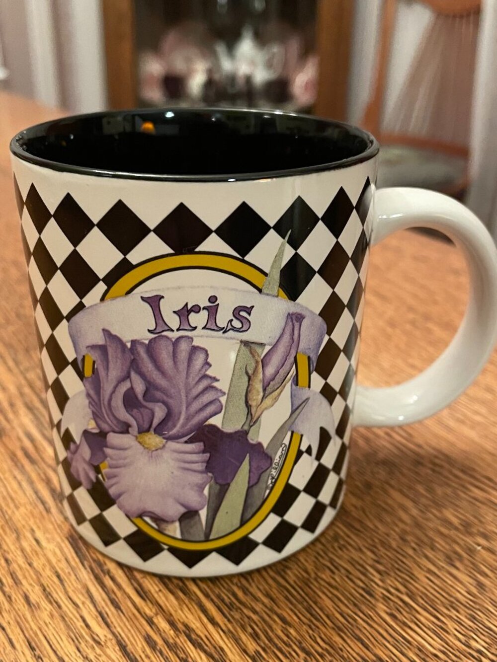 Vintage Purple Iris with Checkered Background Coffee Cup Mug 11 ounces